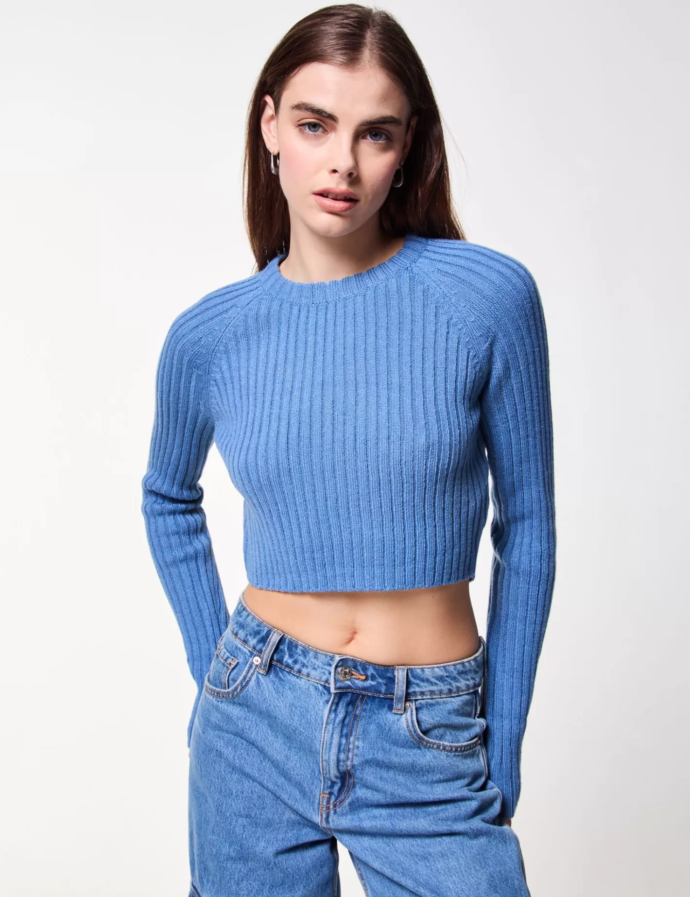 Pull court en maille côtelé bleu^Jennyfer Sale