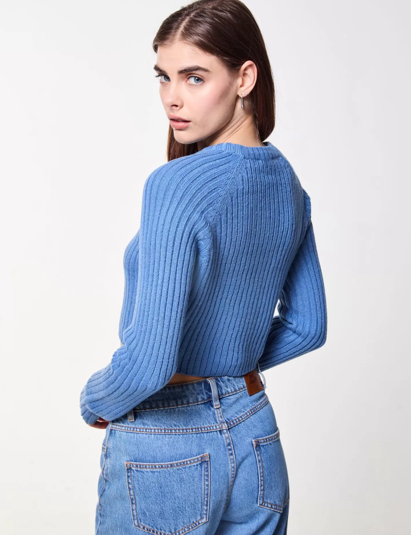 Pull court en maille côtelé bleu^Jennyfer Sale