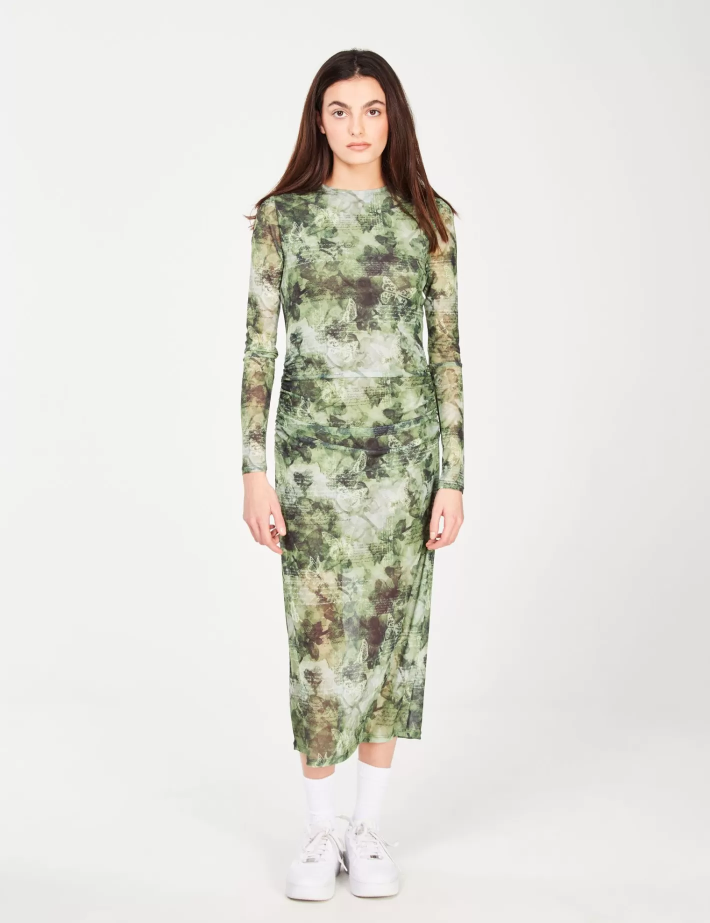 Robe longue à fronces en tulle imprimé fleuri vert^Jennyfer Store