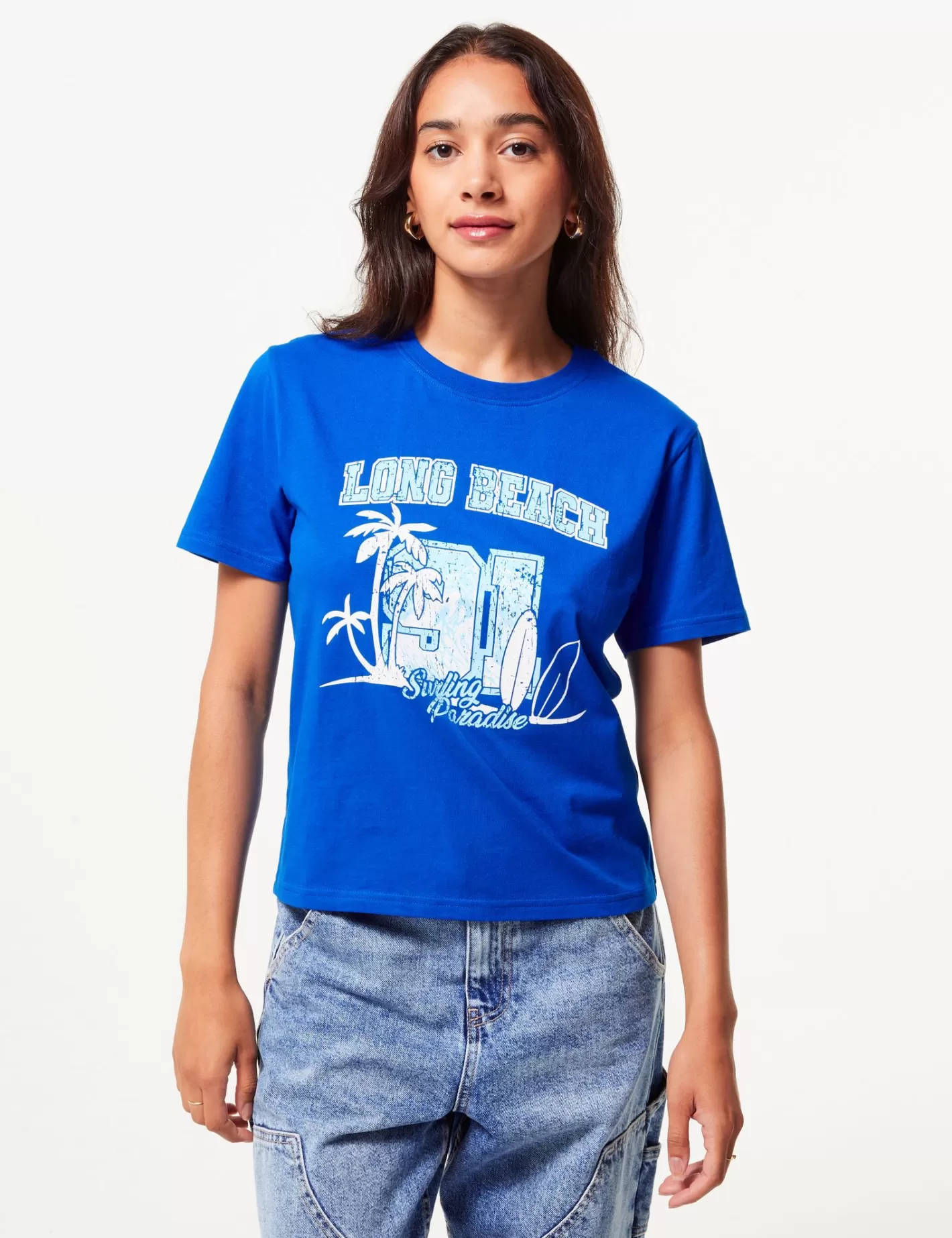 Tee-shirt bleu électrique message Long Beach^Jennyfer Flash Sale